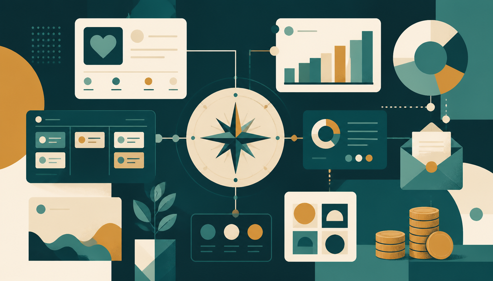 Illustration of donor CRM dashboards, pipeline boards and funding charts around a compass